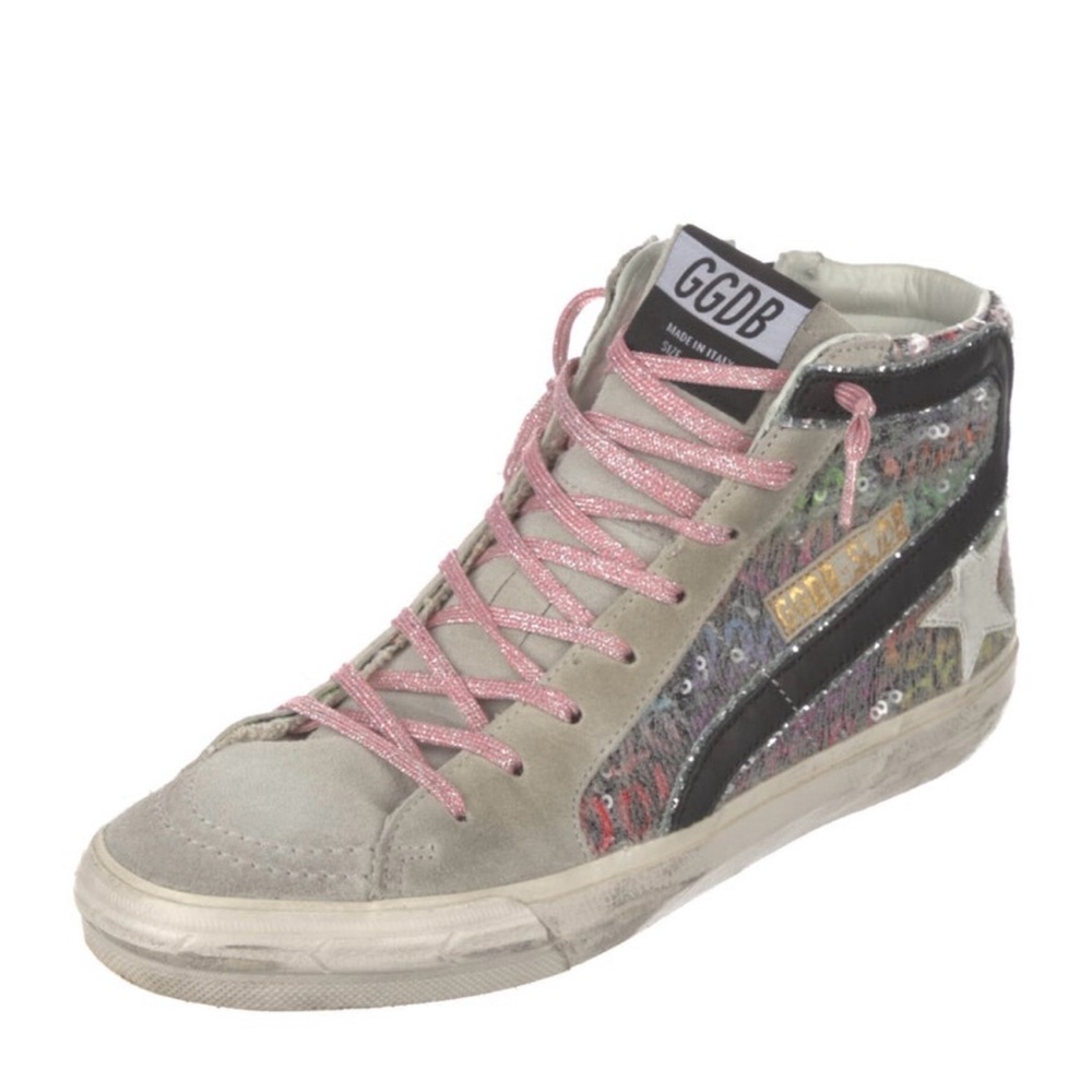 Golden Goose Women's Sequin High-Top Sneakers with Pink Laces